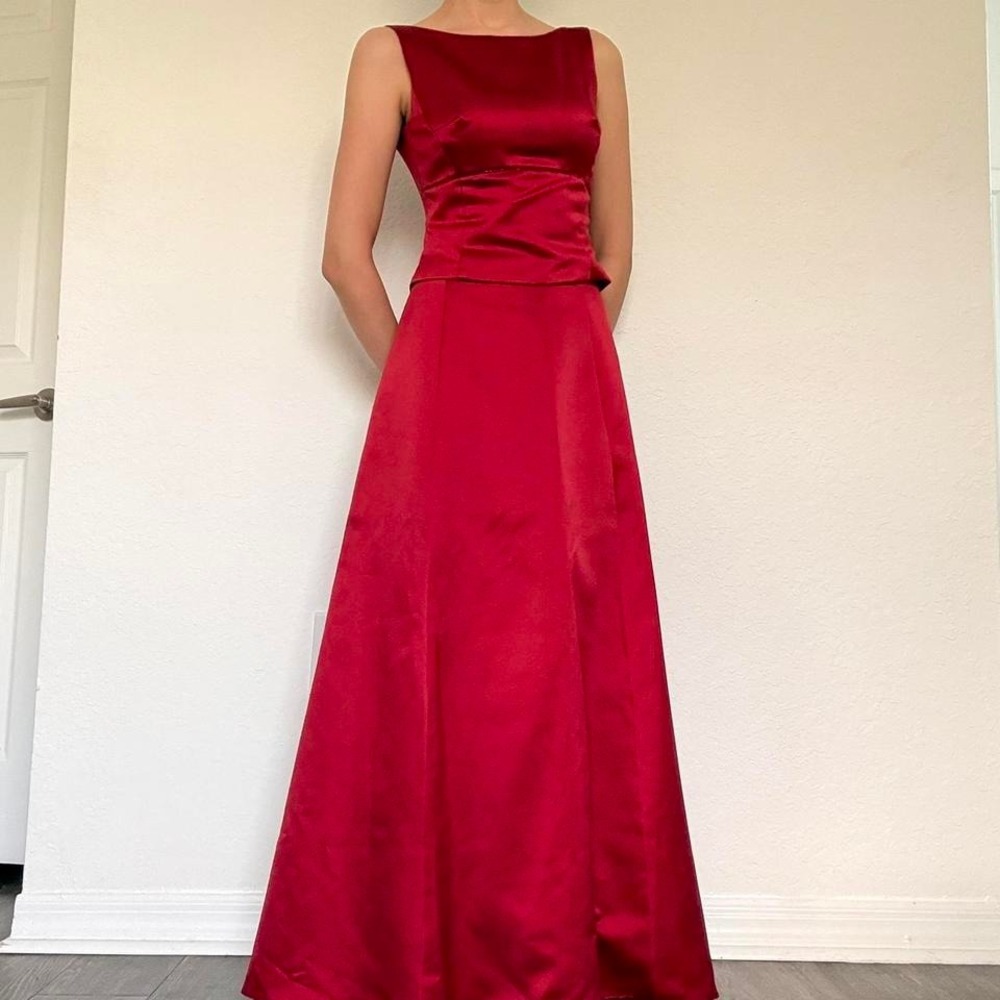 Y2K Red Satin Beaded Two Piece Set – After Six Beaded Crop Top & Maxi Skirt